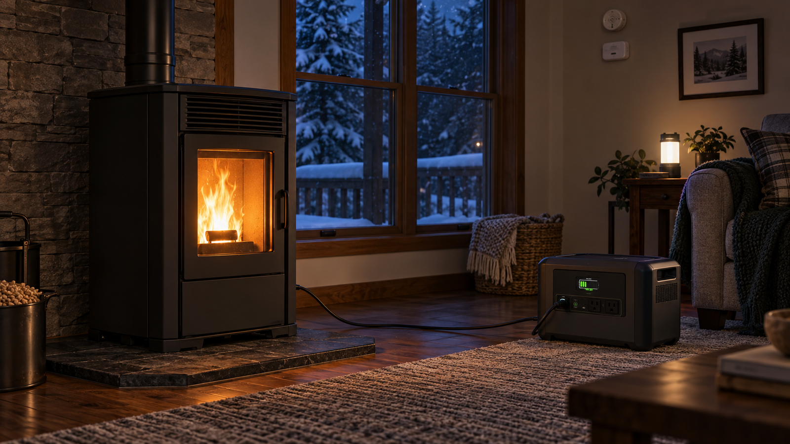 Estufa de pellets funcionando con una estación de energía durante un apagón invernal
