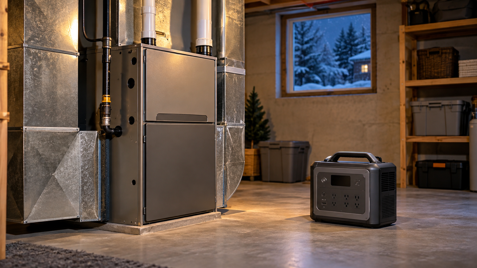 Horno de gas residencial junto a una estación de energía durante un apagón invernal