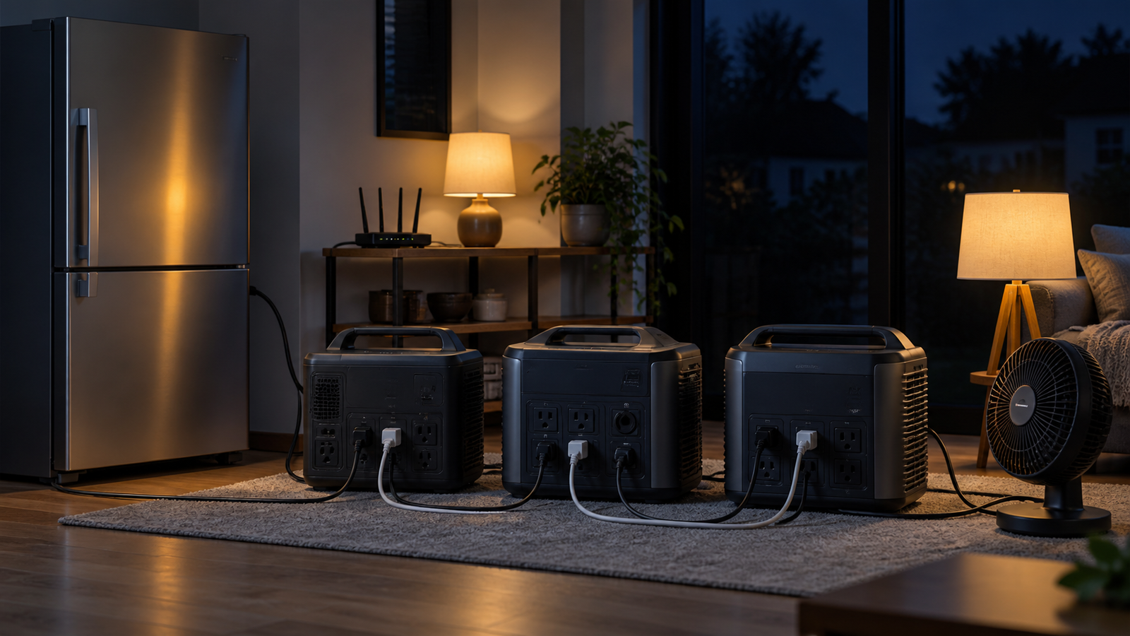 Tres estaciones de energía portátiles de 2 kWh alimentan un refrigerador, un router, lámparas y un ventilador durante un apagón