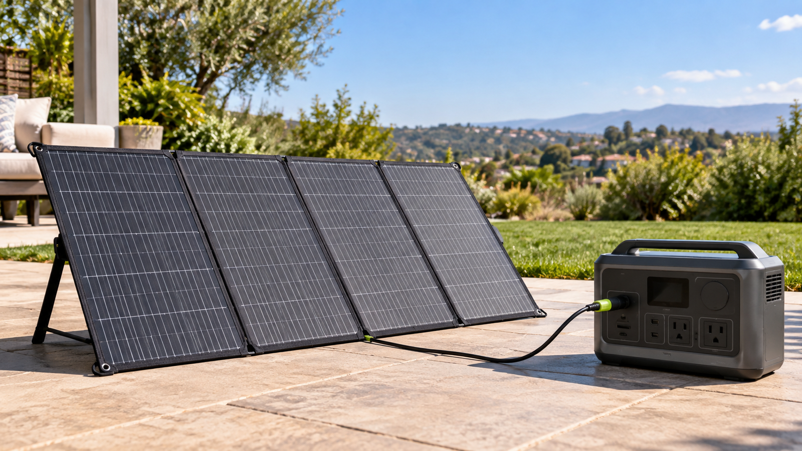 Panel solar plegable de 200 W cargando una estación de energía portátil de 1 kWh