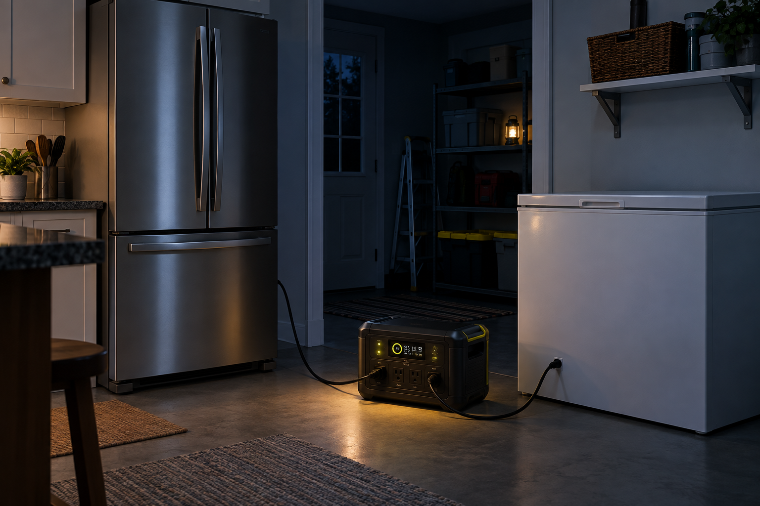 Refrigerador y congelador conectados a una estación de energía durante un apagón
