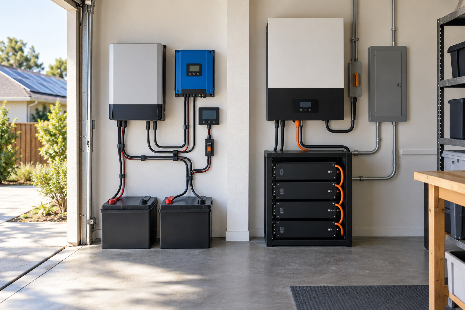 Dos configuraciones genéricas de respaldo solar doméstico instaladas de forma ordenada en un garaje