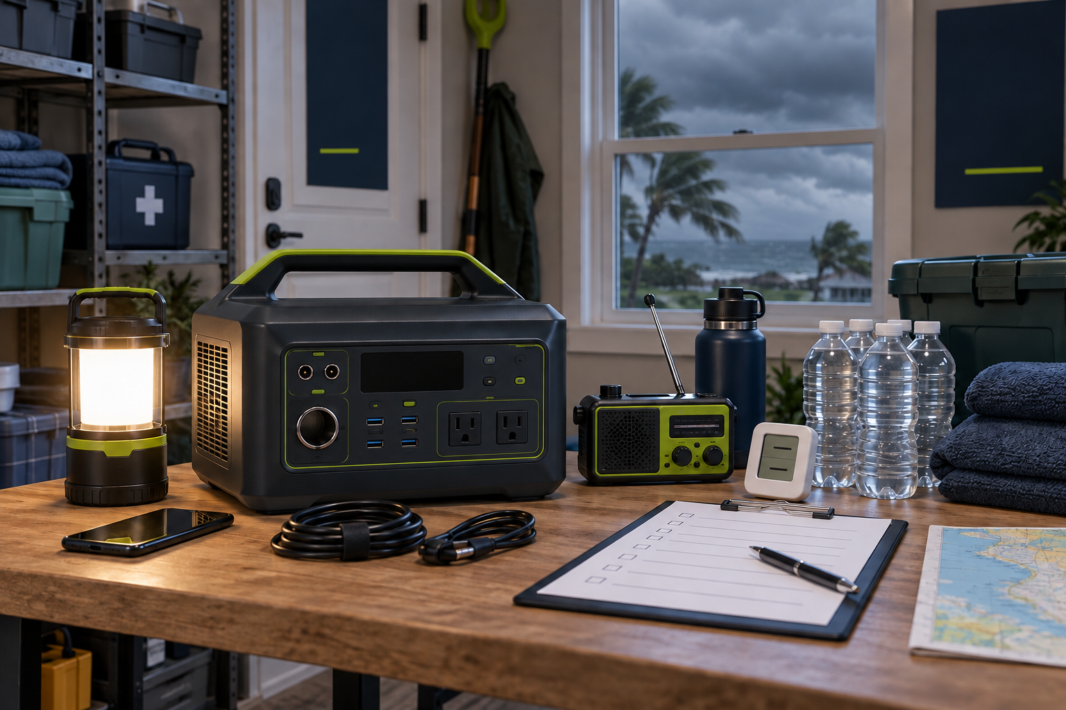Estación de energía portátil con linterna, radio, agua y lista de preparación antes de un huracán